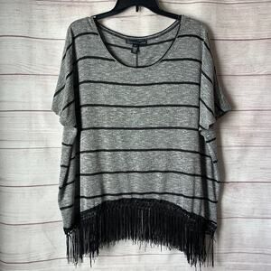 French Laundry Grey and Black Striped Boho Tunic Blouse with Fringe Size Medium